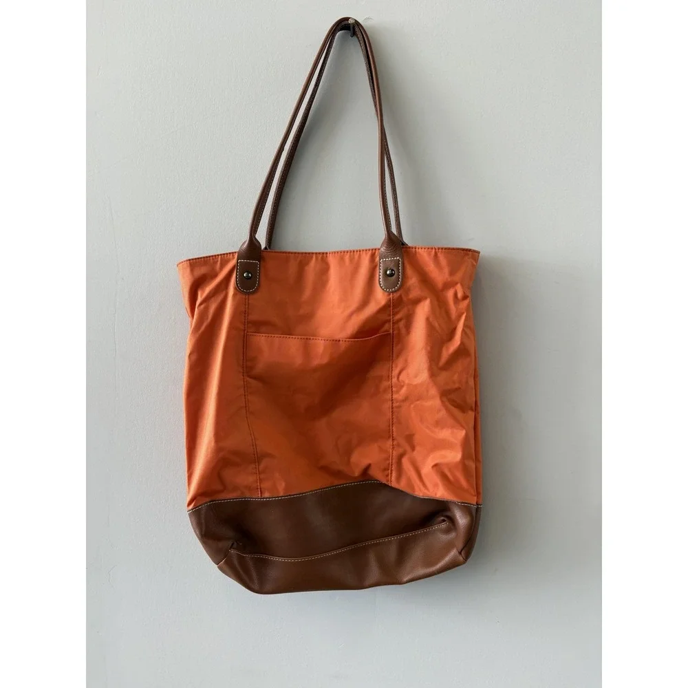 Wilsons Leather Tote Bag Womens Large Orange Nylon Brown Trim Floral Lining